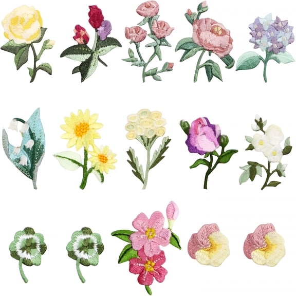 TUWAFE 15Pcs Mini Flowers Iron on Patches,13 Patterns Decorative Embroidered Patches,Sew On/Iron on Patch Applique for Jeans,Clothing,Hat,Jacket,Mini Flowers