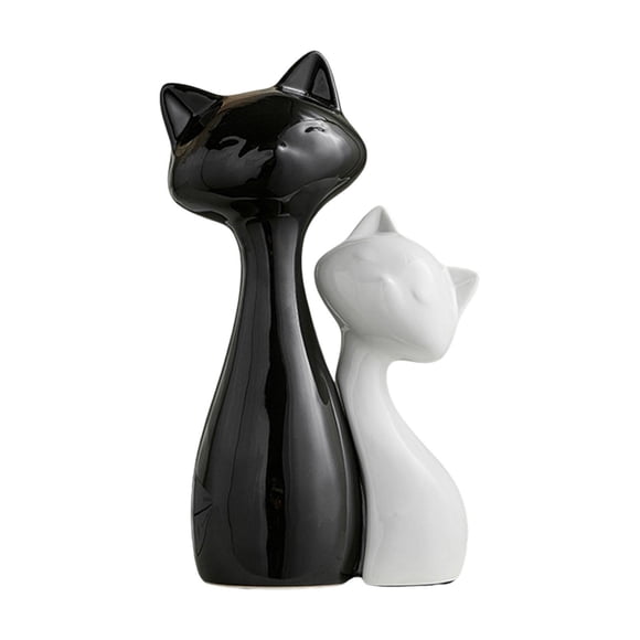 Par de figuras de gatos, escultura de animal, lindo adorno de mesa para sala de estar, L Negro S Blanco