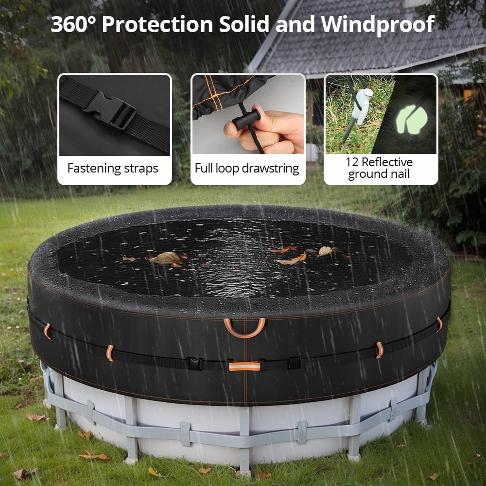 18 Ft Round Pool Cover with Reflective Strips, Swimming Pool Cover for Above Ground Pools, Solar Cover Including Rope Tie and Luminous Ground Nails, PU Tarp Snug Fit for UV Protected