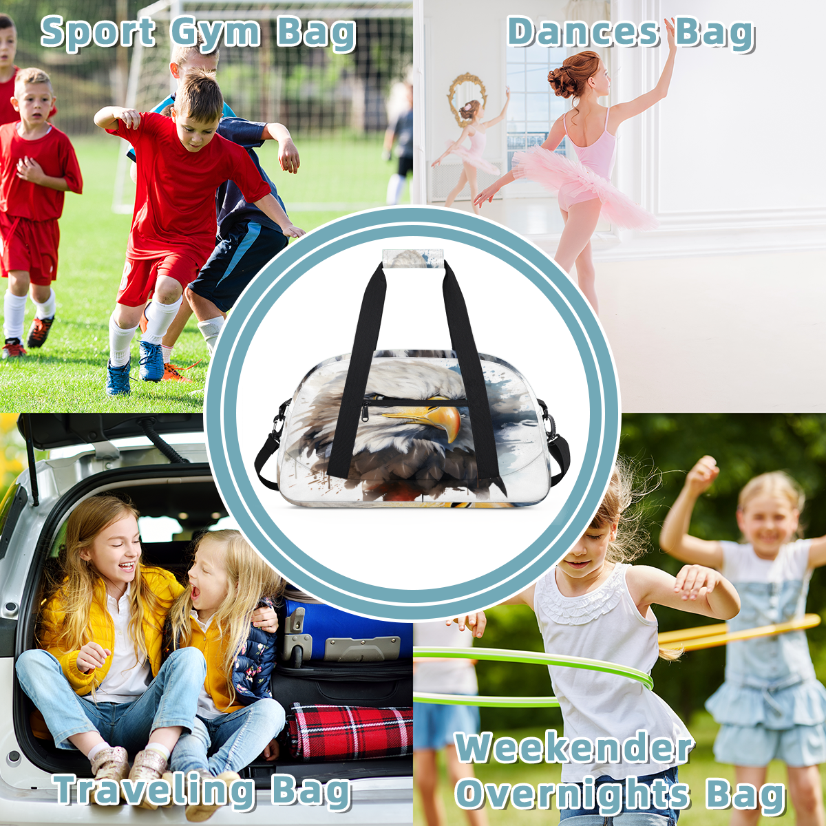 Herdesigns America Eagles Sports Duffle Bag for Women & Men, 4th of July Birds Gym Bag Dance Bag Overnight Bag Carry On Weekender Travel Bag