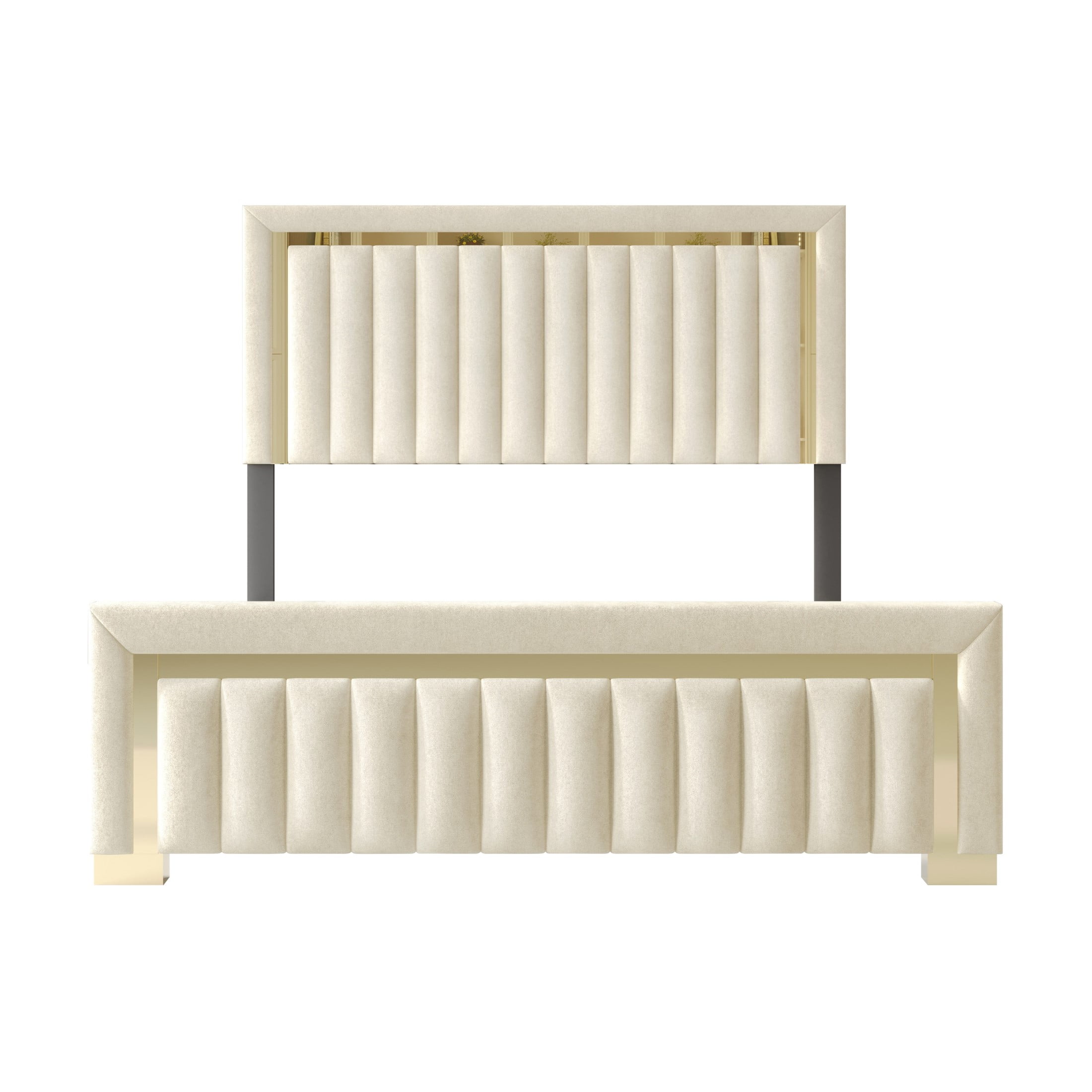 Home Design Olathe Queen Upholstered Panel Bed Frame with Channel-Tufted Headboard and Gold Acrylic Strip Accents, Beige, Easy Assembly