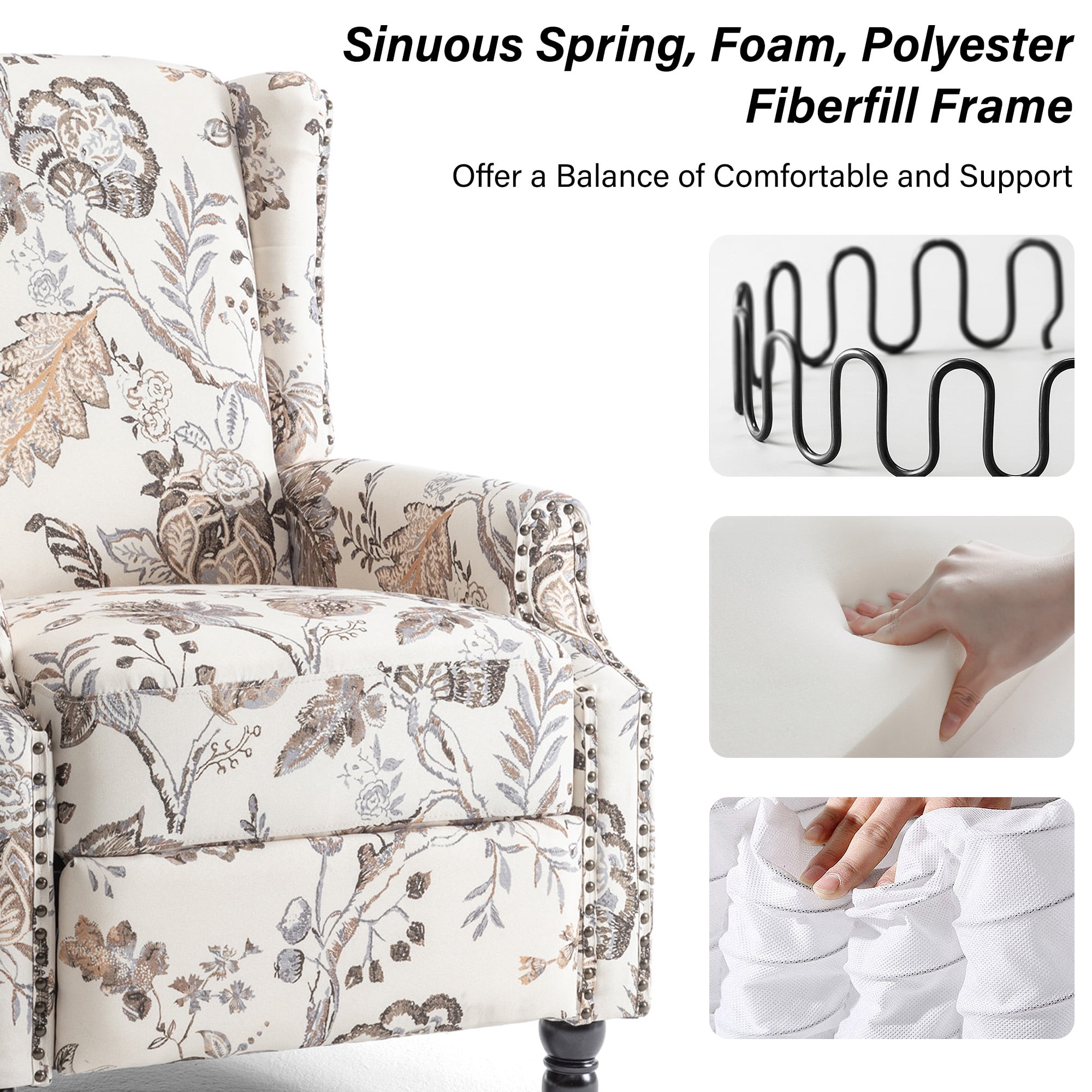 DREAMSIDEA Push Back Recliner Chair Set of 2 Living Room, Wingback Reclining Sofa Chair, Fabric Floral Recliner Reading Chair with Footrest for Living Room/Office/Apartment, Beige Plants