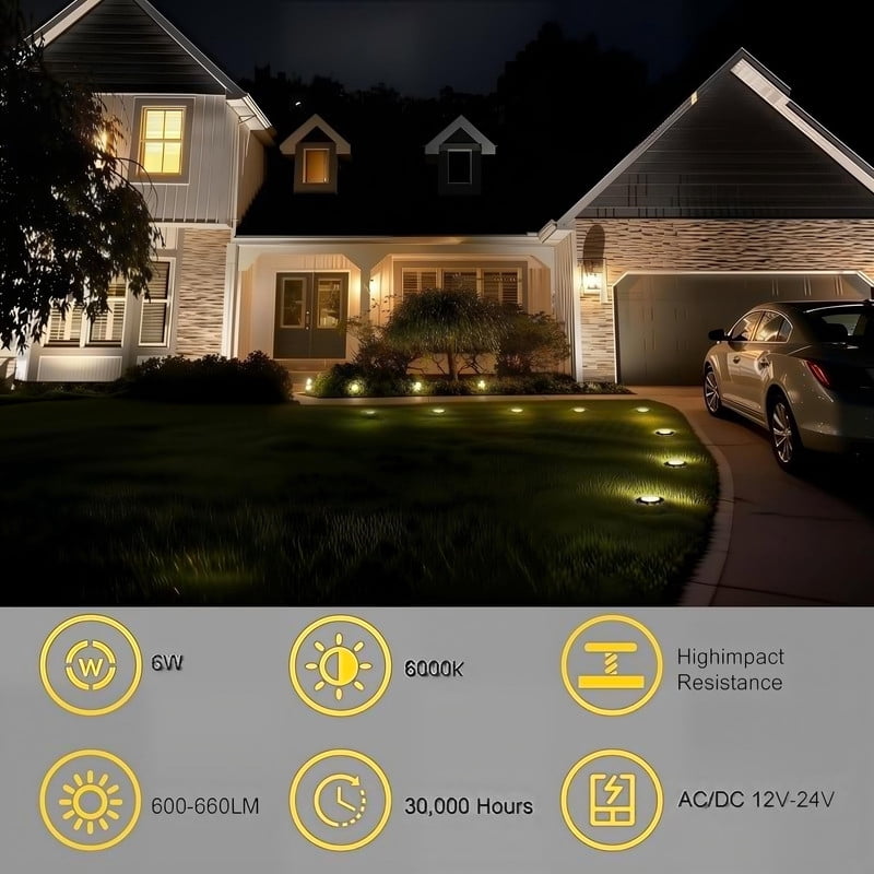 JESLED 6W LED Landscape Lighting Well Lights, 12V 24V Ground Lights 6000K Bright White, IP67 Waterproof Low Voltage Landscape Light Spotlight for Driveway Deck Patio Yard Garden Outdoor,4 Pack