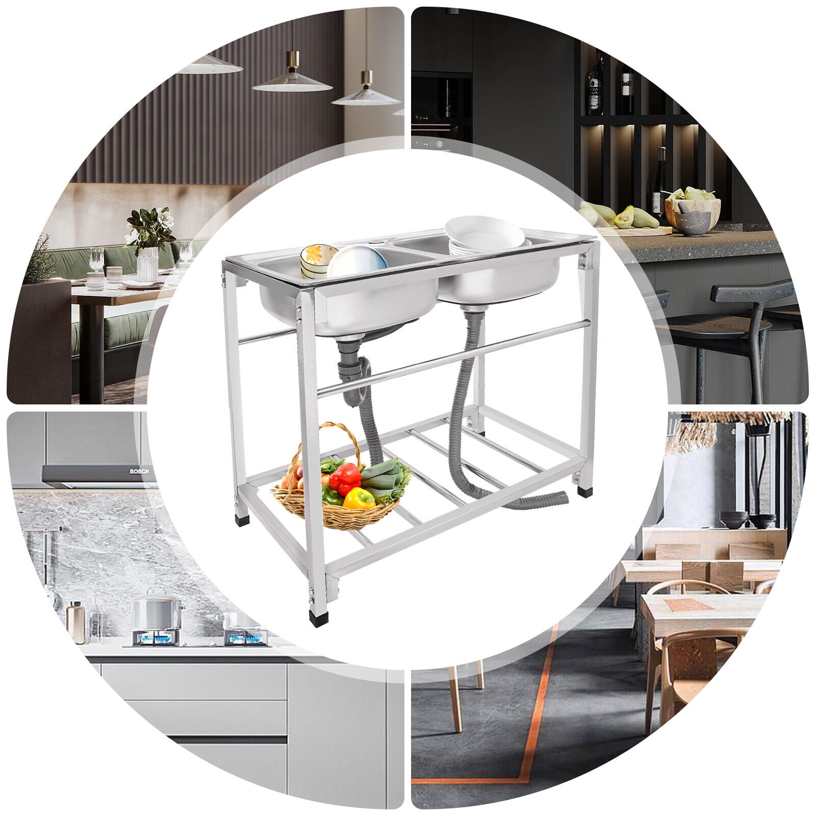 Commercial Stainless Steel Sink, Kitchen Freestanding Double Bowl Utility Sink