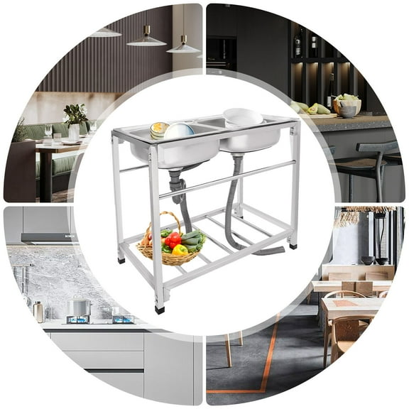 Commercial Stainless Steel Sink, Kitchen Freestanding Double Bowl Utility Sink Silver 32.7*17.3*30.3in for Stores, Garages, Utility Rooms, Kitchens