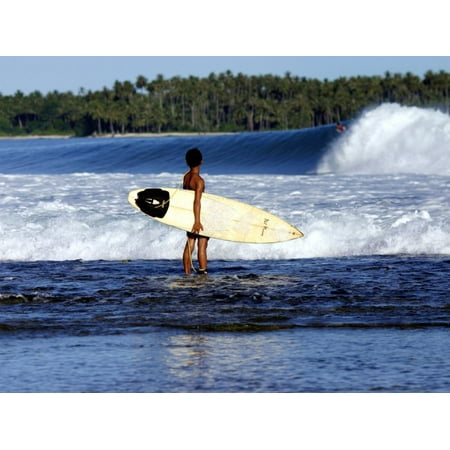 Young Local Boy on Reef Heading out for Afternoon Surf, Lagundri Bay, Indonesia Print Wall Art By Paul (Best Places To Surf In Indonesia)