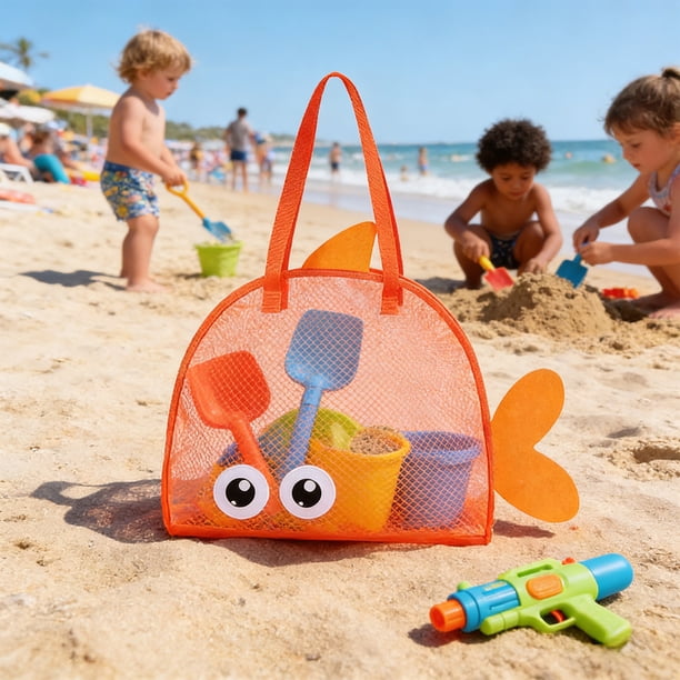 8.5Gal Kids Beach Toy Storage Bag Large Capacity Mesh Sand Toy Tote Outdoor Beach Bag For Shovels Carry Bag Orange