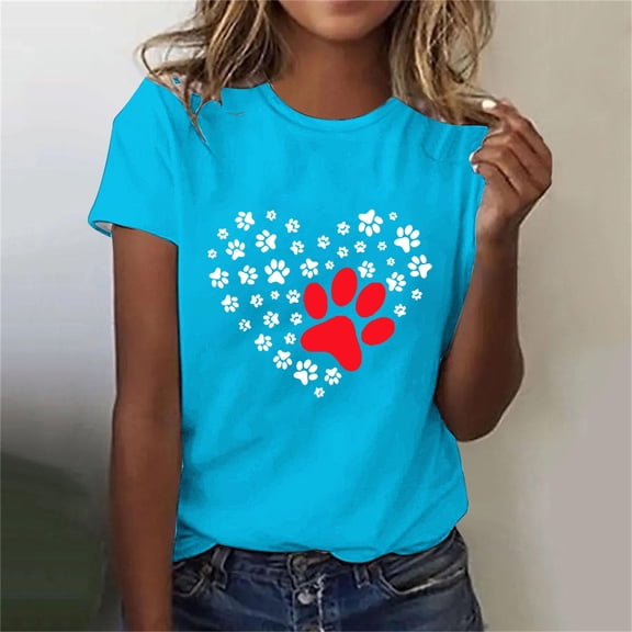Lilgiuy National Pet Day Dog Paw Love Heart Print T-Shirt for Women Summer Solid Color Short Sleeve Soft Lightweight Cute Dog Mom Graphic Tees Tops Gift for Dog Lovers(Sky Blue,L)