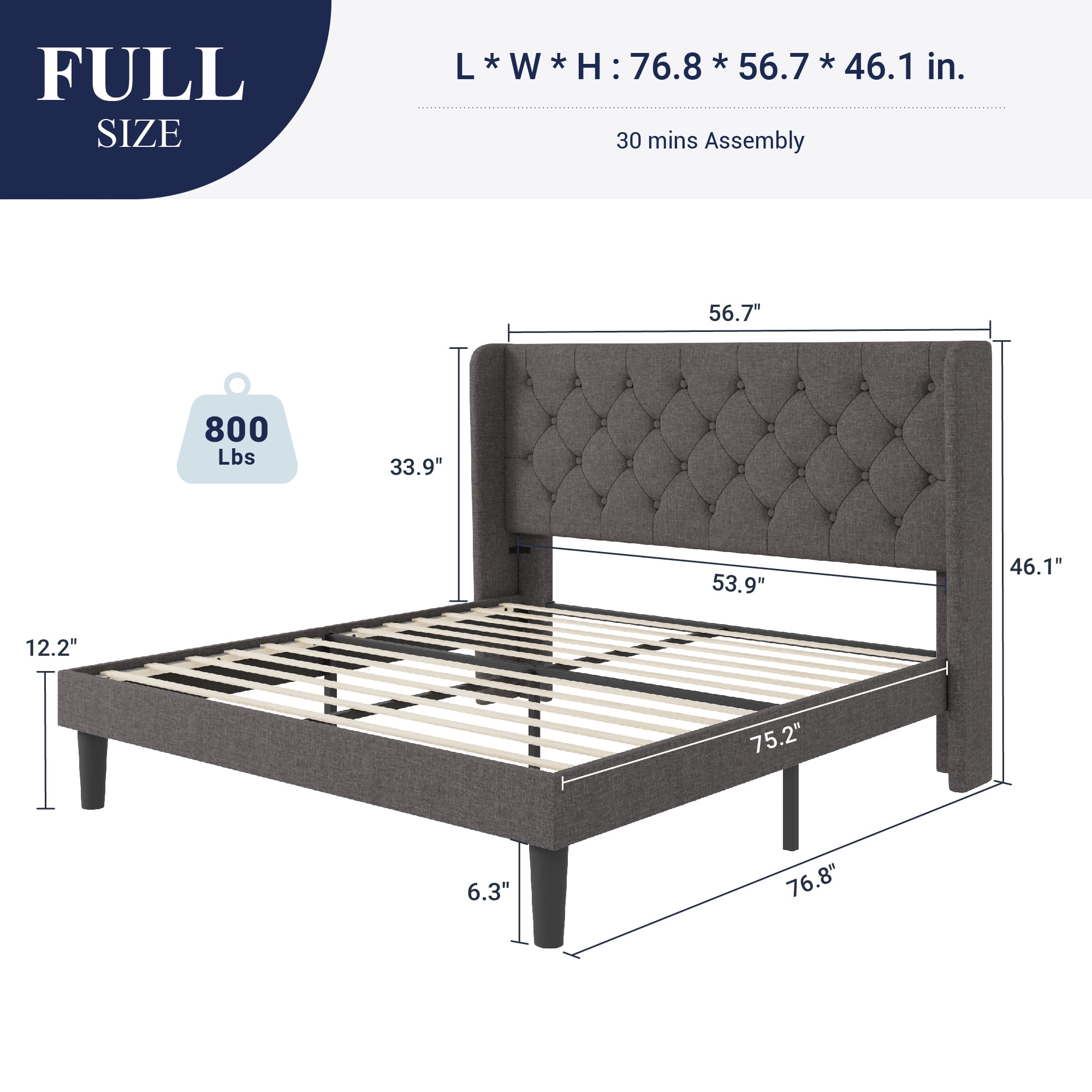 Allewie Full Size Upholstered Platform Bed Frame with Fabric Wingback Button Tufted Headboard, Light Grey