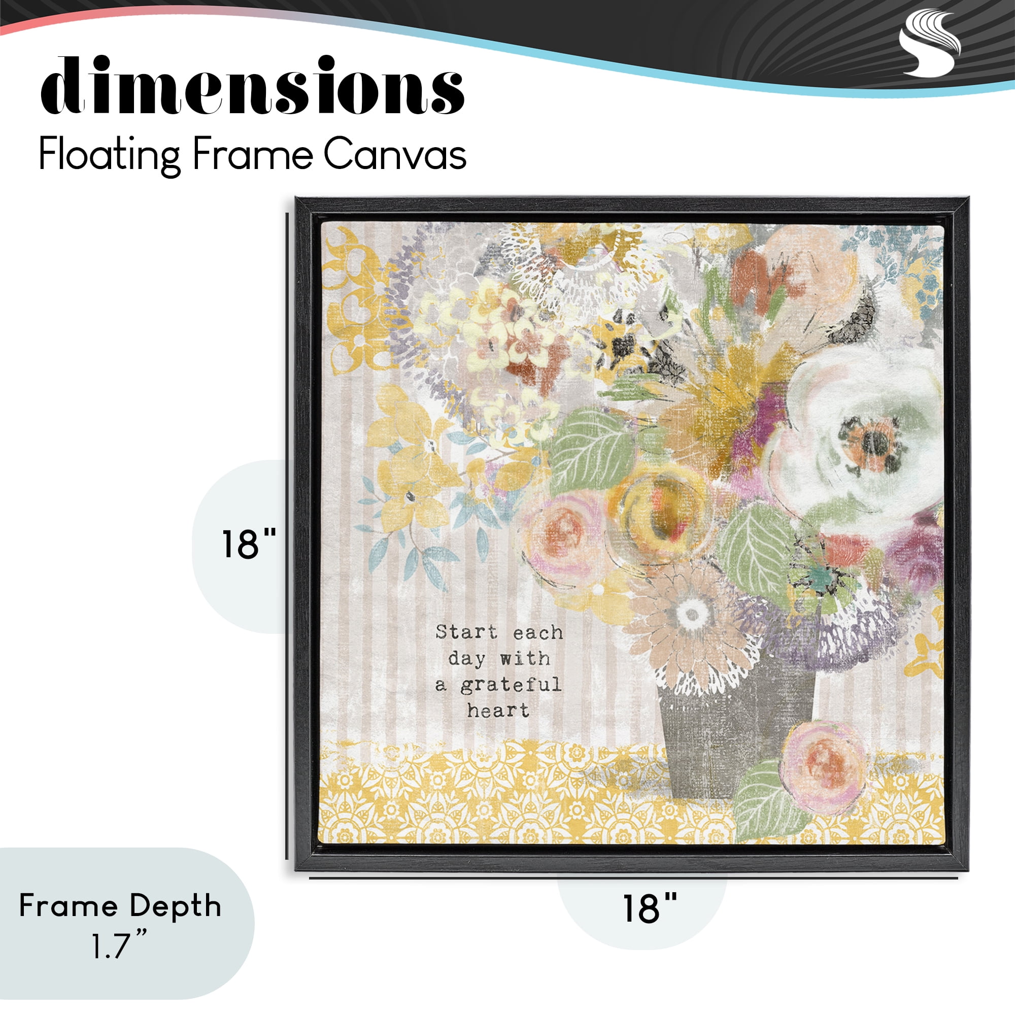 Stupell Industries Floral Inspirations Grateful Heart Black Framed Floater Canvas Wall Art, design by Suzanne Nicoll