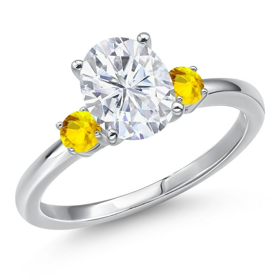 Gem Stone King 14K White Gold White Moissanite and Yellow Sapphire Engagement Ring for Women | 2.37 Cttw | Oval 9X7MM | Gemstone Birthstone | Size 6
