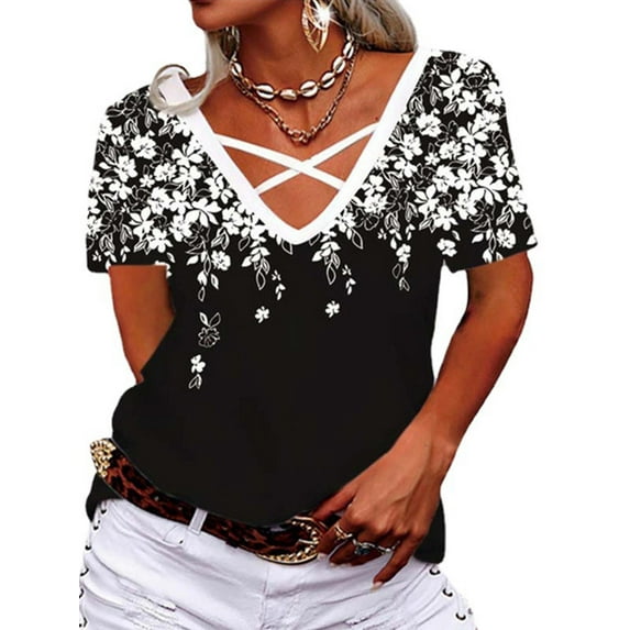 Gvmfive Women Short Sleeve Tops Criss Cross V Neck Floral Blouse T-shirt