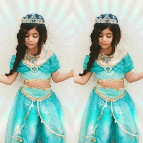 Kids Aladdin Costume Princess Jasmine Outfit Girls Sequin Party Fancy Dress Cosp