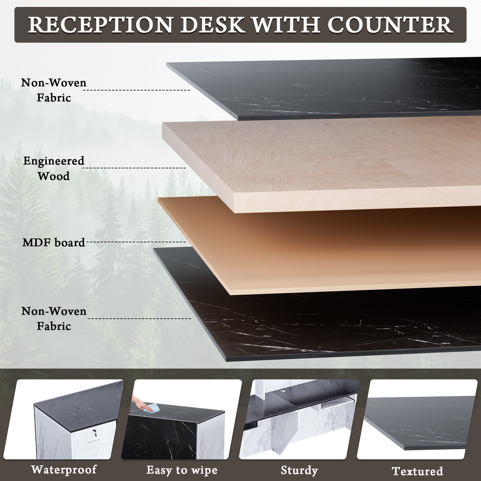 Esheno 71in Reception Desk Wood Front Counter Black White Matte Right Side Cabinet for Office School