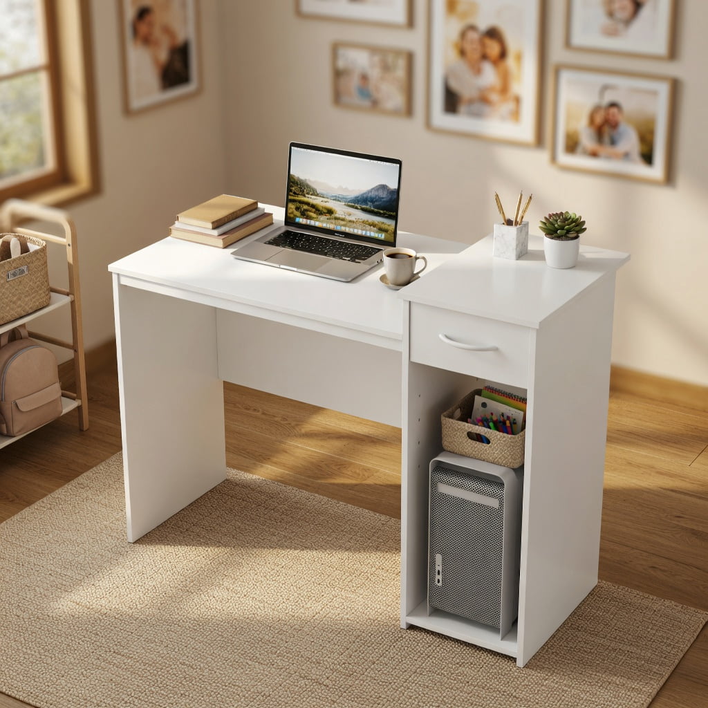 Yardi Yard Computer Desk with Drawer Modern Laptop PC Desk with Adjustable Shelf and Cable Hole-White, Computer Desk, Gaming Computer Desks for Study,Working,Writing