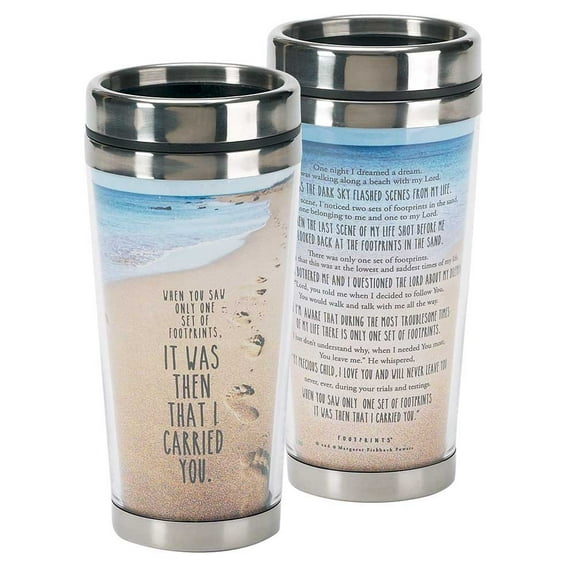 Footprints in the Sand Poem 16 Oz. Stainless Steel Insulated Travel Mug with Lid