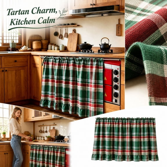 Linen Kitchen Curtains with Red Green Plaid Pattern and Ruffle Hem, Farmhouse Cafe Curtains for Kitchen Window Decor, Vintage Floral Cabinet Curtain