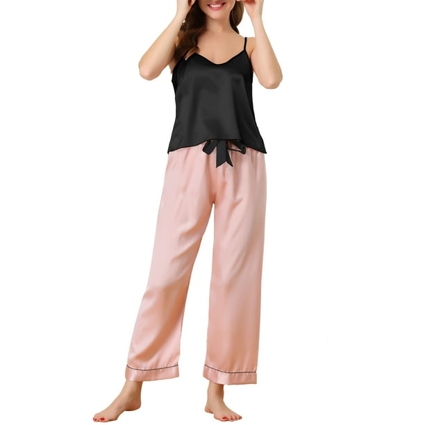 Unique Bargains Women s Camisole Cami Pants Sets Sleepwear Nightwear Satin Pajama Party Sexy Silky Summer Pjs Set X Small Black Pink