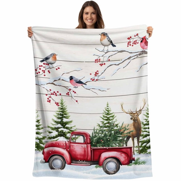 Flannel Fleece Throw Blanket Christmas Trees on Red Truck Lightweight Soft Plush Blankets,Winter Elk Birds Cozy Warm Throw Blanket for Couch Sofa Bed Car Office 40x50in