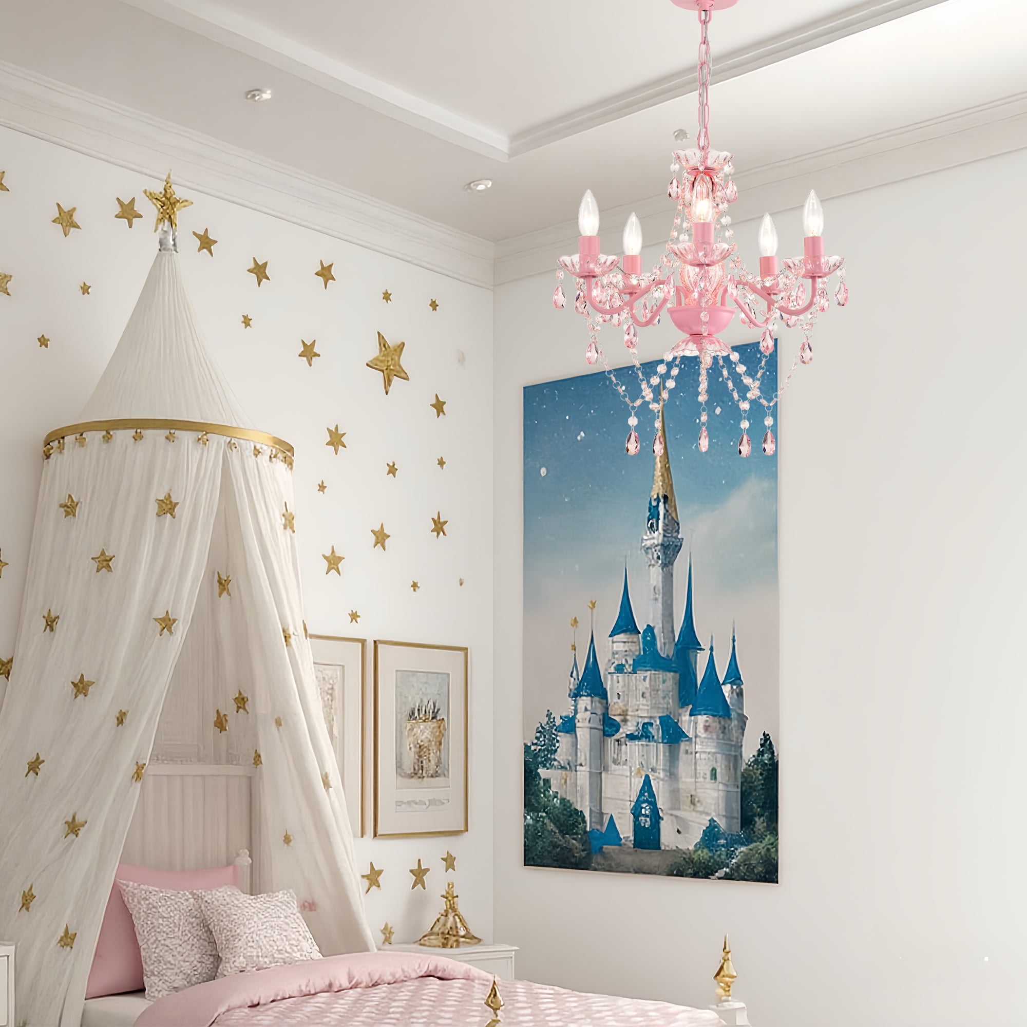 Pink Crystal Chandelier – 5 Light Acrylic Ceiling Fixture for Girls Bedroom, Nursery or Dining Room, 17in Wide