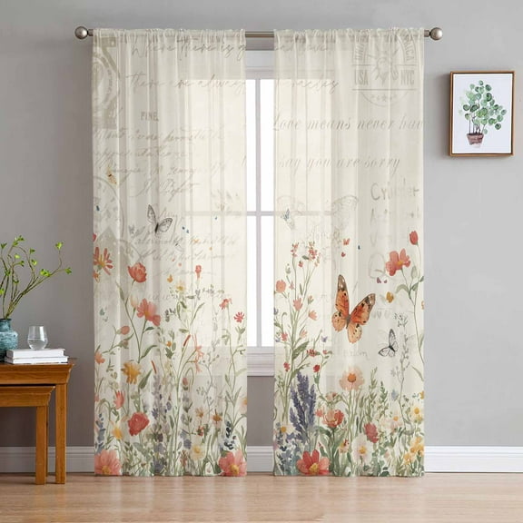 Retro Spring Floral Semi Sheer Curtains 84 Inch Length 2 Panels Set, Botanical Colorful Summer Butterfly Sheer Kitchen Curtain Privacy Voile Window Curtain for Living Room Bedroom Rod Pocket Drapes