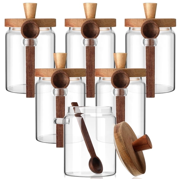 Remerry Set of 6 Glass Jar with Wooden Lid and Spoon, 20 oz Clear Airtight Spice Canisters Glass Food Storage Kitchen Containers