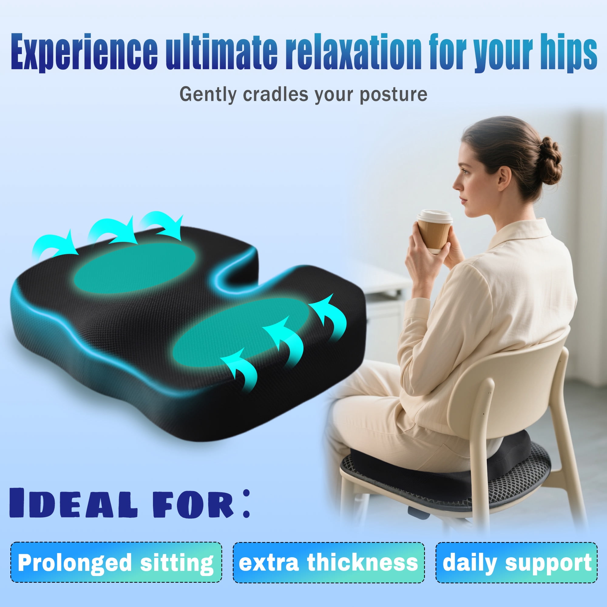 Comopio Memory Foam Seat Cushion for Sciatica, Coccyx & Tailbone Pain Relief, Orthopedic Chair Pillow for Office, Car, Wheelchair & Airplane, Non-Slip Extra Large Premium Support for Desk Chair