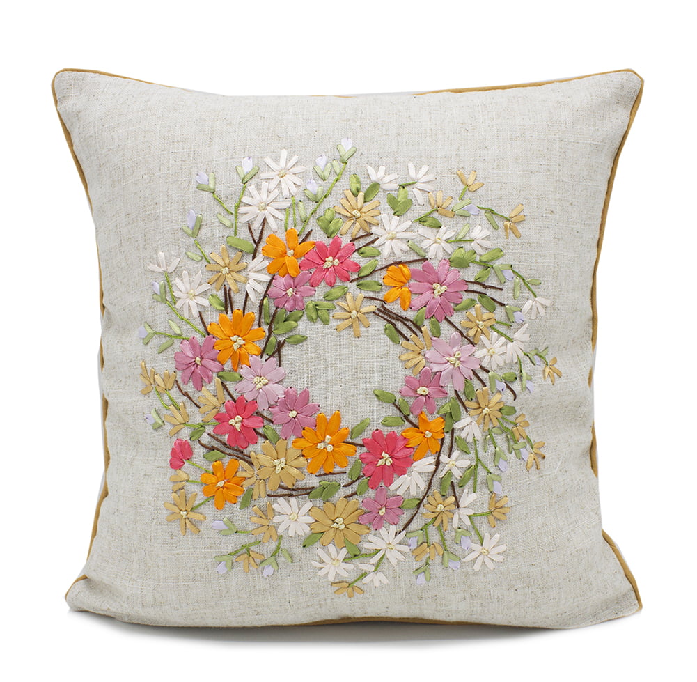 Fennco Styles Handmade Ribbon Embroidery Flower Decorative Linen Throw Pillow