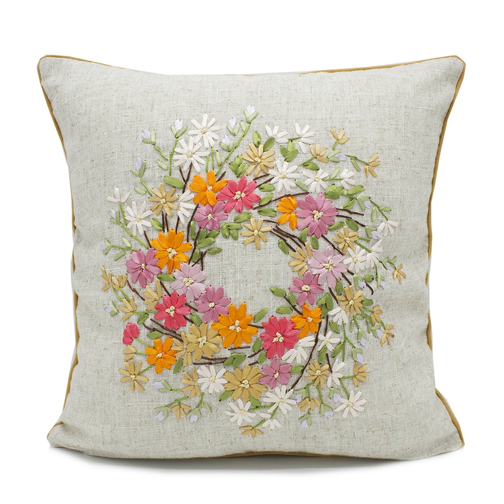 Handmade Ribbon Embroidery Flower Decorative Linen Throw Pillow