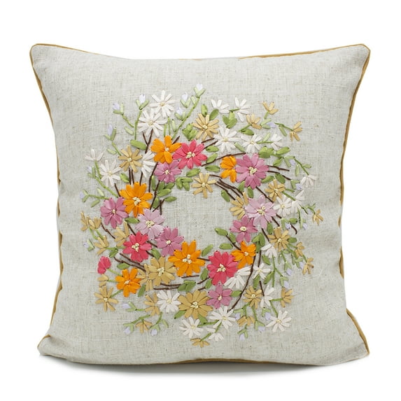 Handmade Ribbon Embroidery Flower Decorative Linen Throw Pillow (Wildflower, 16"x16" Case Only)