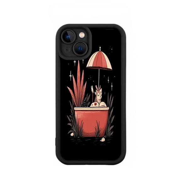 Whimsical iPhone 15 Case - Lightweight Yellowing Resistant with Playful Rabbit Design & Striped Umbrella Pattern