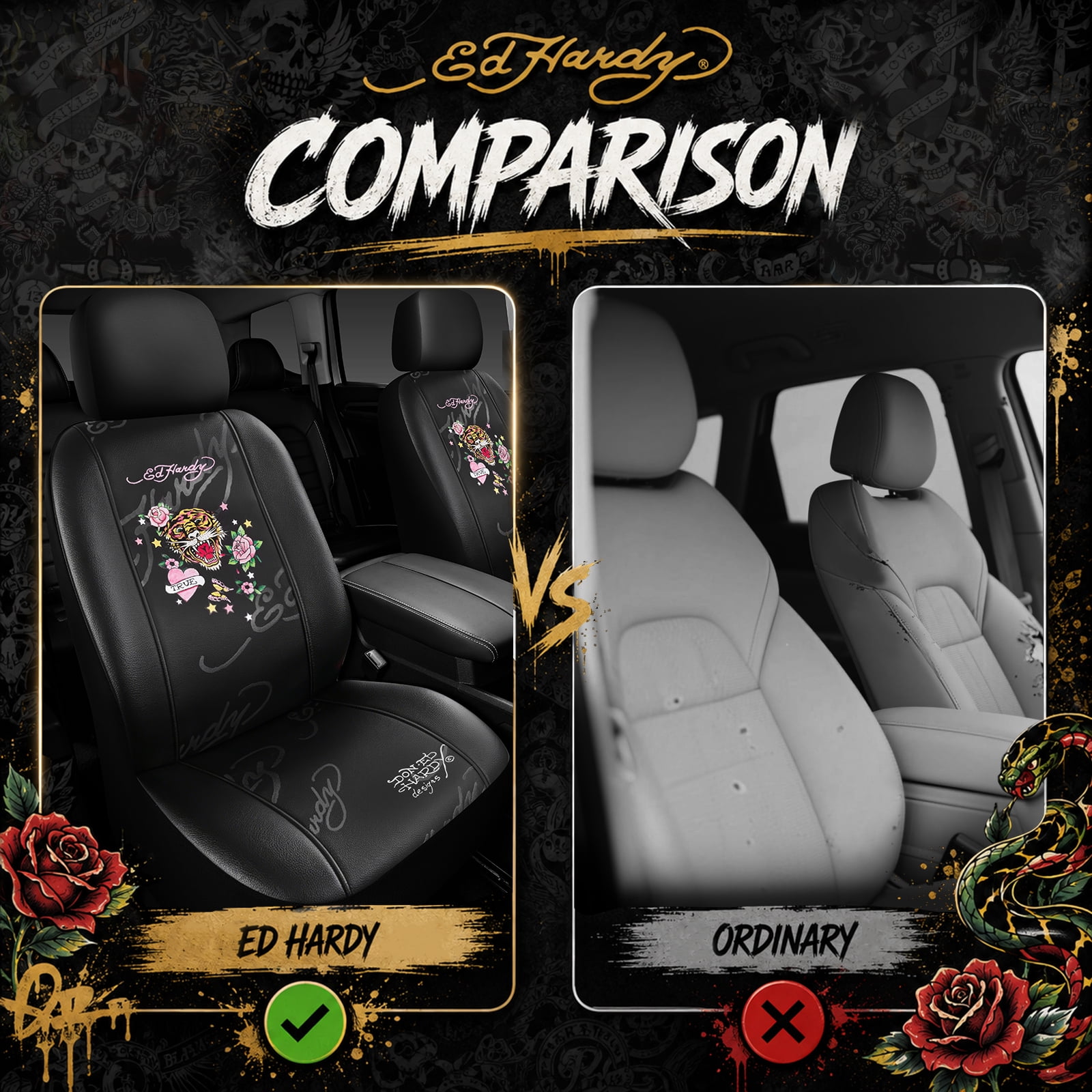 Ed Hardy Car Seat Covers,Pink Heart Floral Tiger Graphic Front Seat Covers, Fashion Seat Cover Set, Stylish Anti-Slip Universal Fit for Cars SUVs Trucks