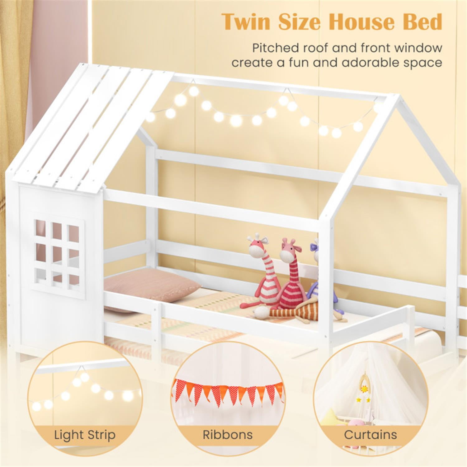 Demi Bonn Twin Over Twin Bunk Bed with Stairs and Roof, Twin Bunk Beds, Space-saving Solid Wood House Bed Frame, White