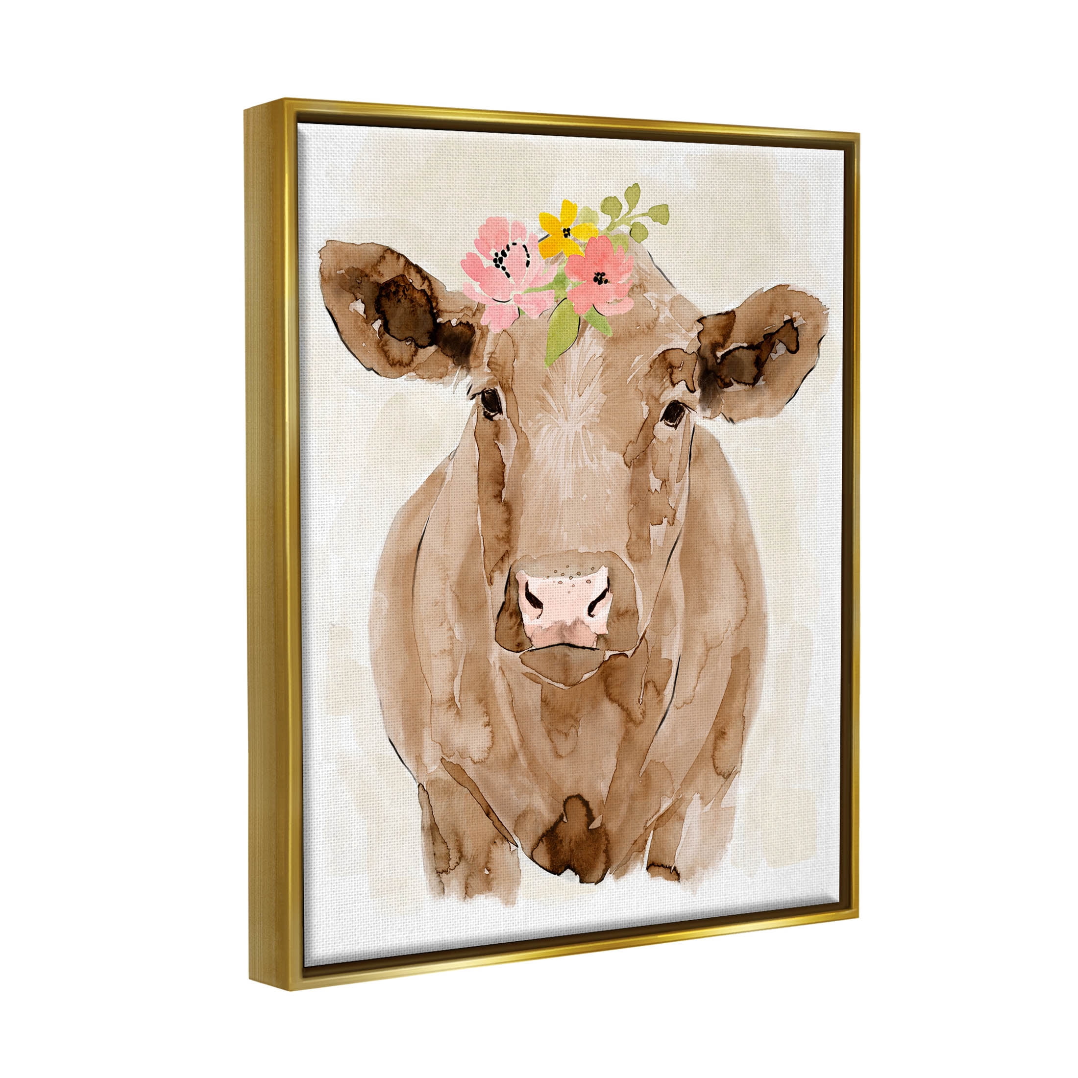 Delicate Blooms Cow Portrait Animals & Insects Graphic Art Metallic Gold Framed Art Print Wall Art