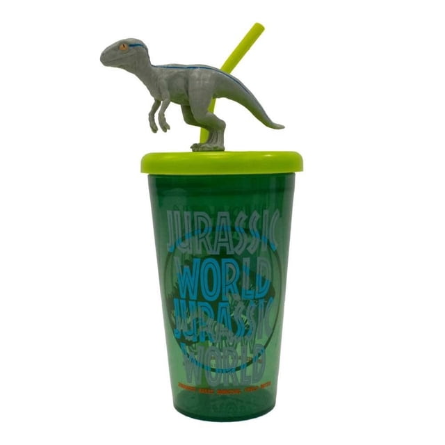 Vaso con Popote Jurassic World de Plástico Decoración en Tapa de Dinosaurio 3D Verde 440 ml