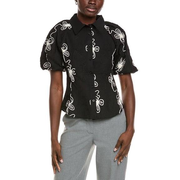 Gracia womens  Flower Stitch Puff Sleeve Shirt, l, Black