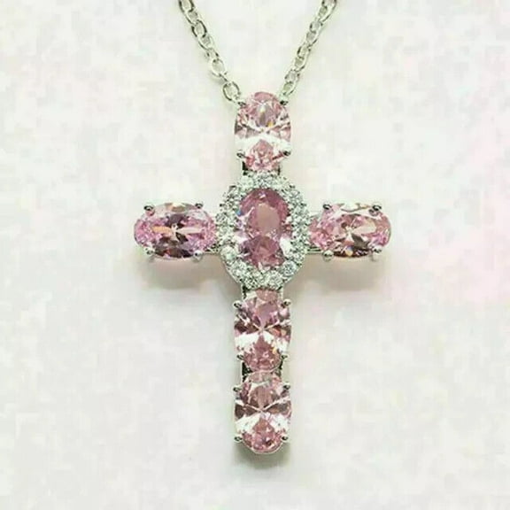 TAAPSEE JEWELS Cross Pendant Necklace For Women in Oval Cut Pink Sapphire 14K White Gold Plated 18"