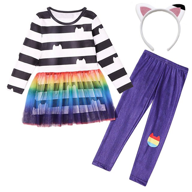 Gabby's Dollhouse-Conjunto de vestidos y pantalones para niñas, disfraz de Halloween, Pascua, gatos, carnaval, fiesta de cumpleaños, 3-10 años(Black-white-cats 140 7-8T