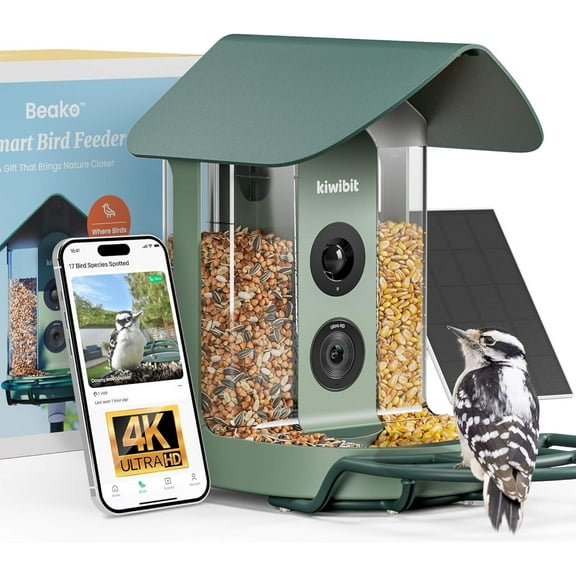 Kiwibit Beako™ Smart Bird Feeder with 4K Camera, Solar Powered for Outdoors Ultra HD Live Stream, Enhanced AI Identification 10,000  Bird Species, Real-Time Motion Detection, Easy Setup & Refilling