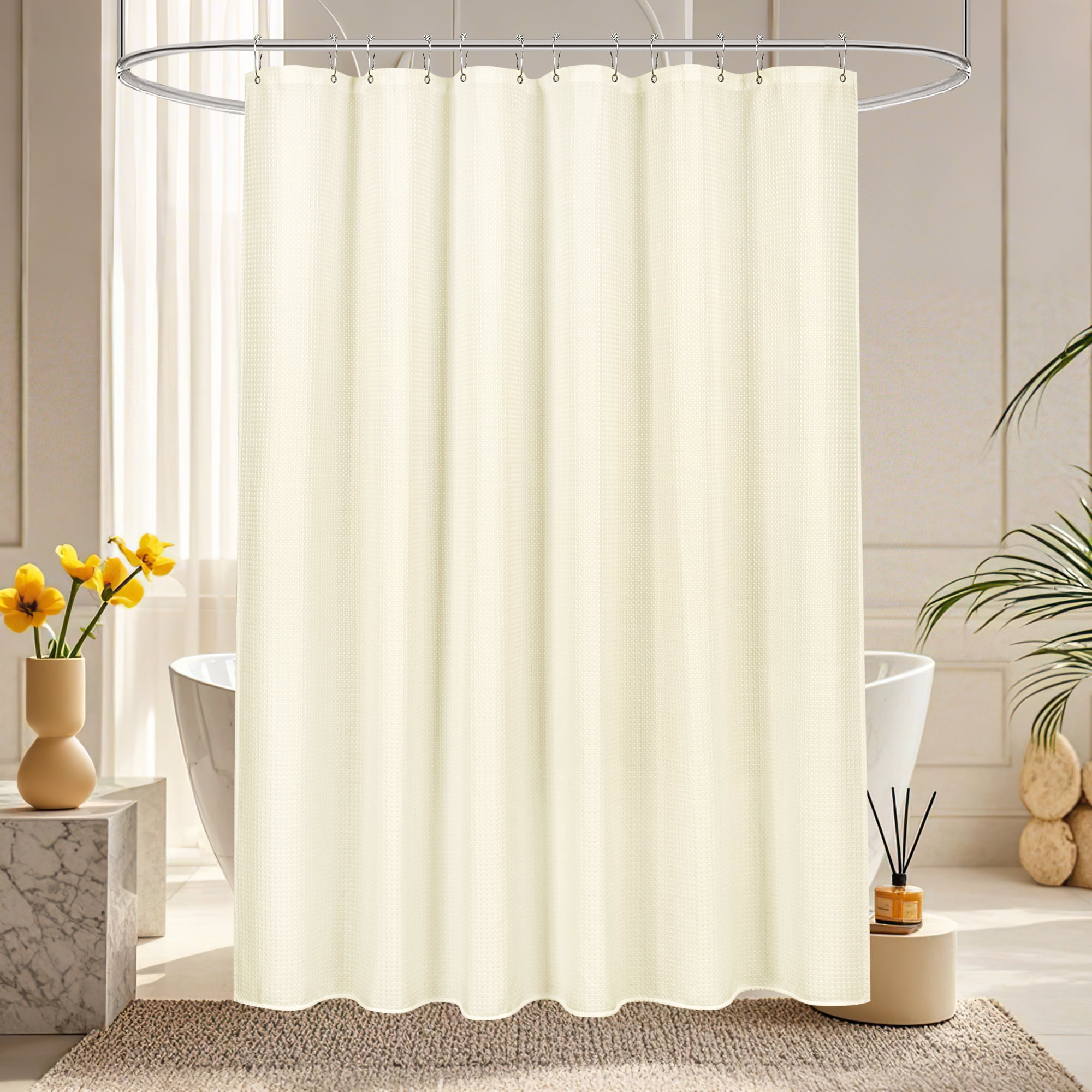 Inosoo Fabric Shower Curtain, 72"x72" Heavy Duty Waffle Textured Cloth Curtains for Bathroom, Luxury Weighted Polyester Bath Curtain for Hotel, Ivory