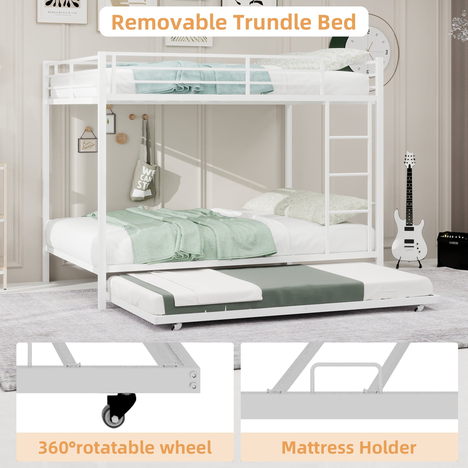 Miniyam Metal Full over Full Bunk Bed with Trundle, Space Saving Bunk Bed Frame with Ladder and Guardrails for Dorm, Apartment, White