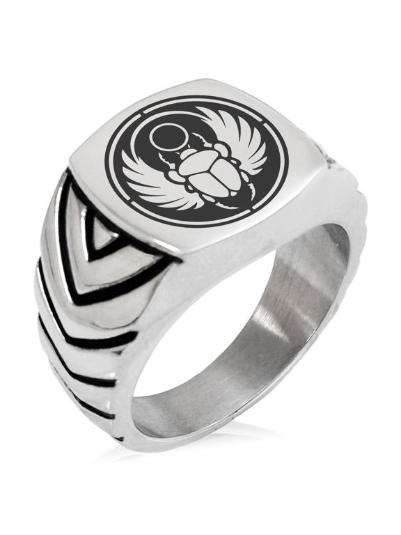 Stainless Steel Scarab Beetle Sun Ring Chevron Pattern Biker Style Polished Ring