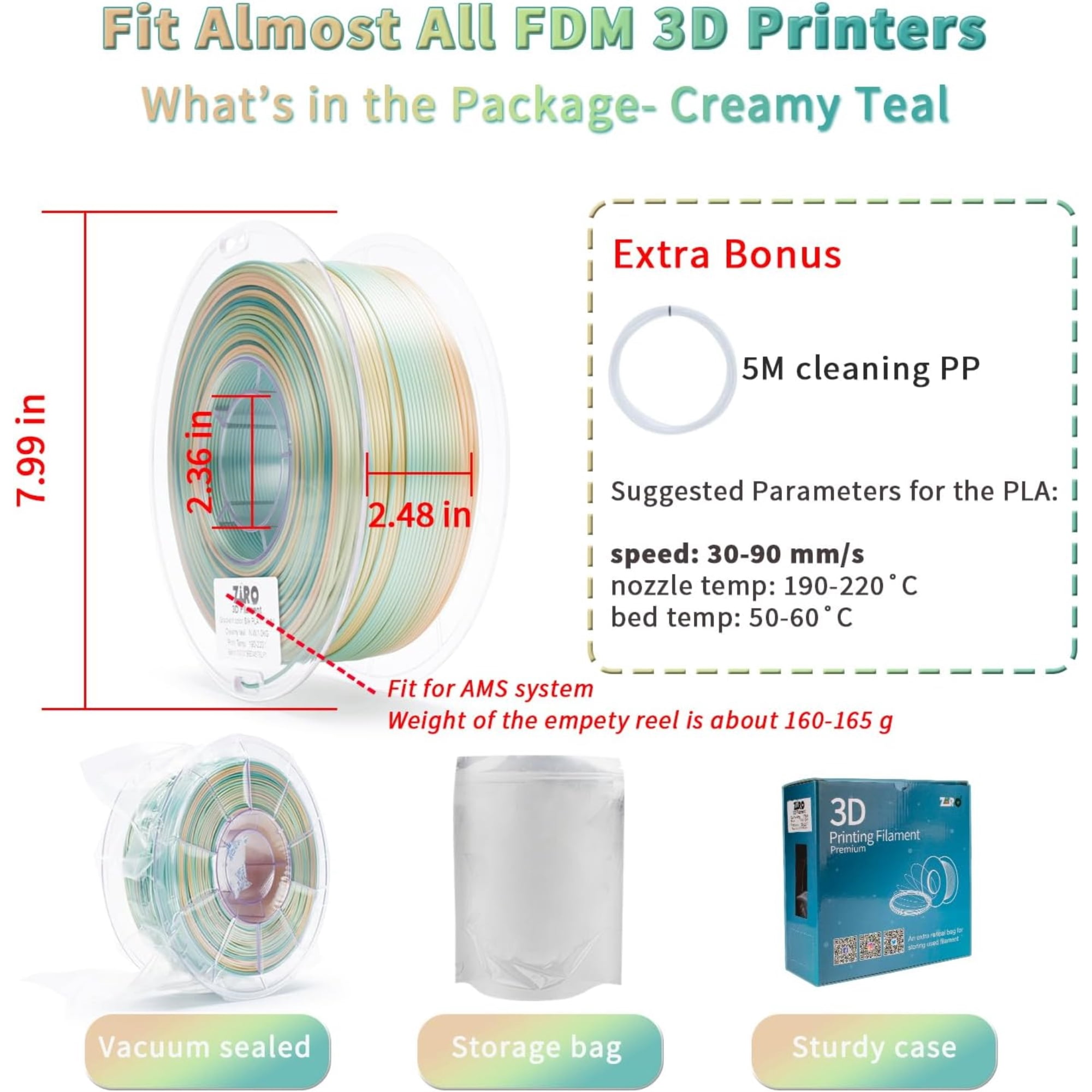 Ziro 3D Gradient Silk PLA Filament 1.75mm 1kg, Creamy teal