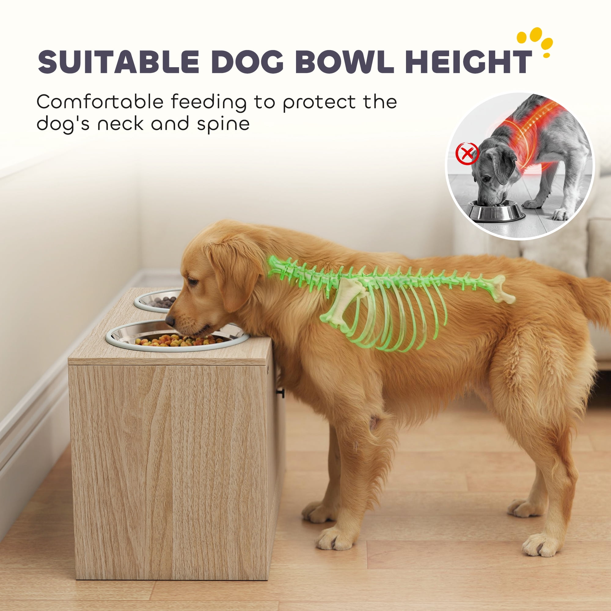 PawHut Elevated Dog Bowls with Storage Cabinet, Raised Dog Bowl Stand, Dog Feeding Station with 2 Stainless Steel Bowls, Slow Feeder, Oak