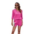 thumbnail image 3 of Women'S Solid Color V-Neck Mid-Sleeve Loose T-Shirt Pocket Shorts Set Rose Red S, 3 of 6