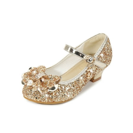 

Rotosw Girls Princess Shoes Round Toe Mary Jane Glitter Heels Sandals Comfort Low Heel Dress Pumps Wedding Lightweight Dance Shoe Gold 7C