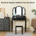 thumbnail image 3 of Caroeas Vanity, Tri-Fold Makeup Vanity with Mirror, Lights and Padded Vanity Stool, Vintage Solid Wooden Vanity Set for Bedroom, 5 Drawers, 2 Brush Slots and 2 Open Compartments, Black Finish, 3 of 8