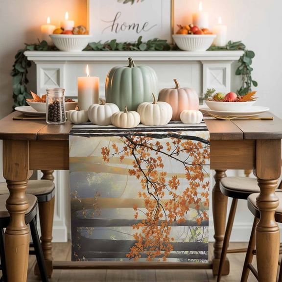 Orange Maple Cotton Linen Table Runner, Washable Table Runners for Kitchen, Dining Room, Holiday, Home Party Table Decor, 13x48 Inches