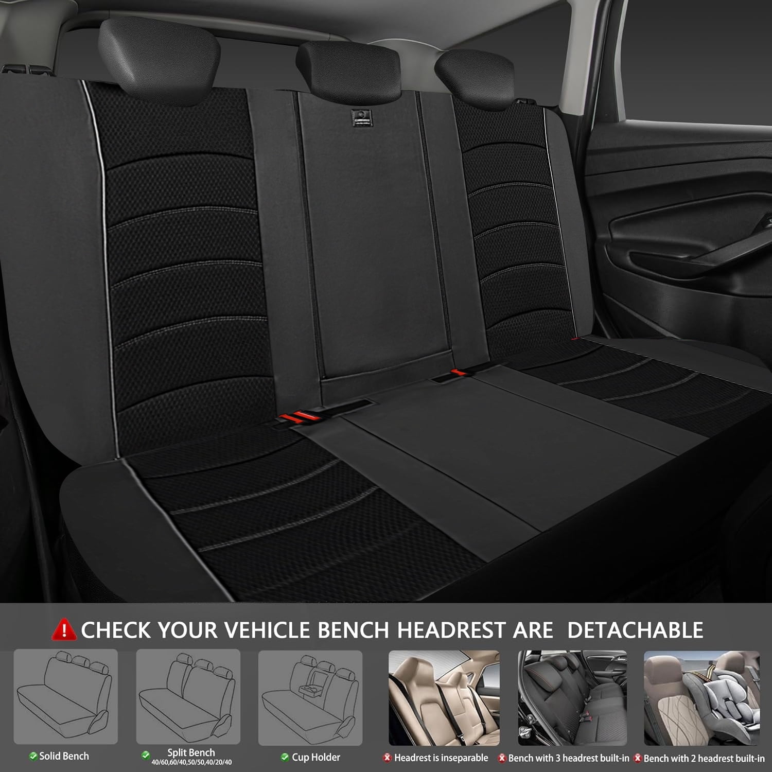 CAR GRAND Comfortable  3D Foam Mesh PU Leather Back Seat Covers, Air Cool Mesh Beathable Rear Bench Seat Protectors for Automotive Interior Covers for Car Sedan SUV  All Black