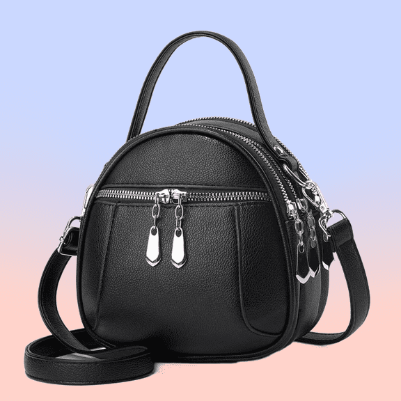 Crossbody Bags for Women, Leather Round Bag for Women, Retro Round Bag Top Handle with Removable Shoulder Strap - Black